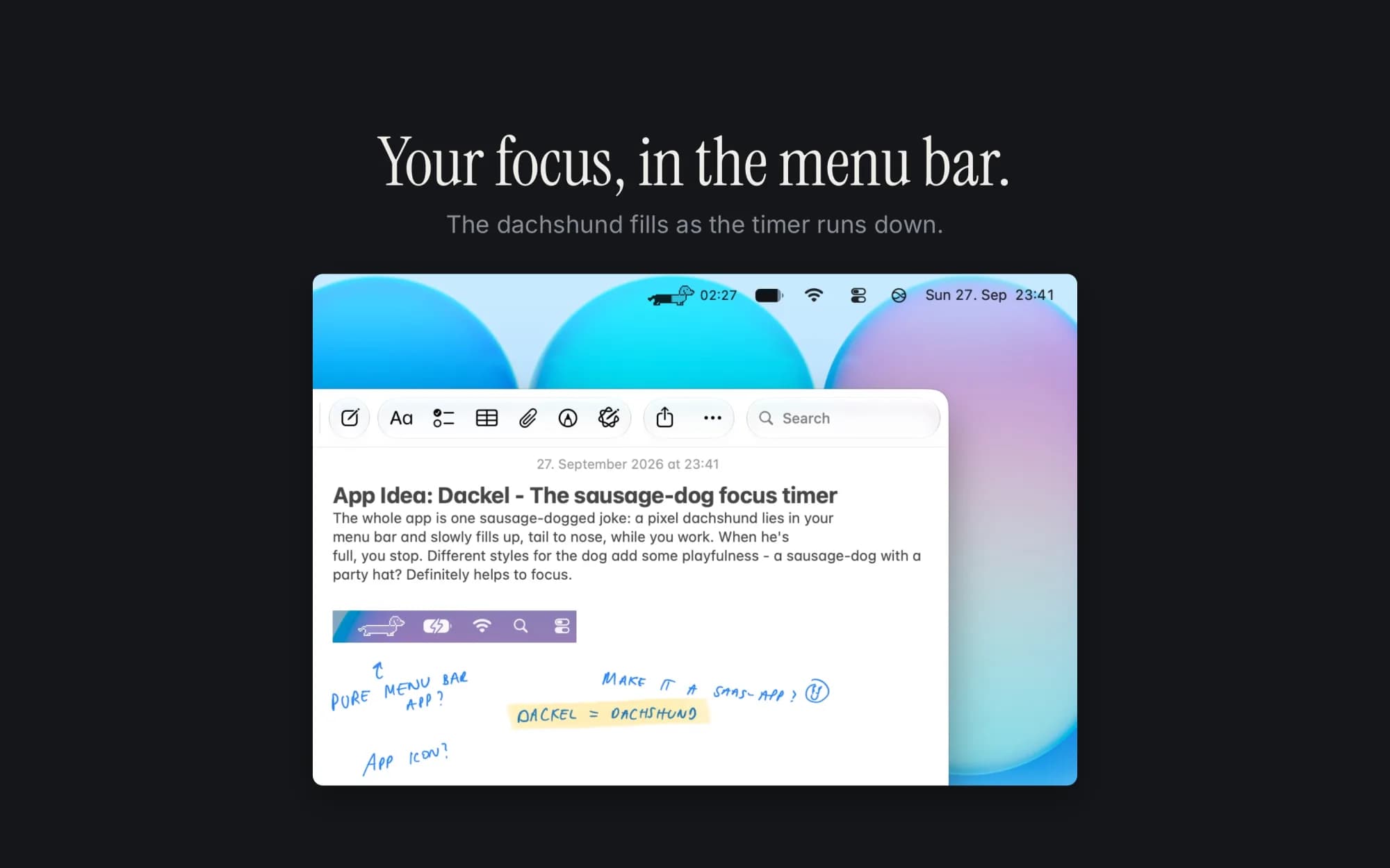 Dackel half full in the macOS menu bar next to the remaining time