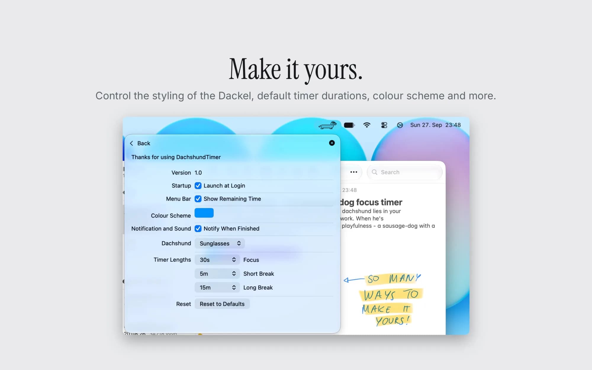 Dackel settings: launch at login, remaining time, colour scheme, dog style and timer lengths