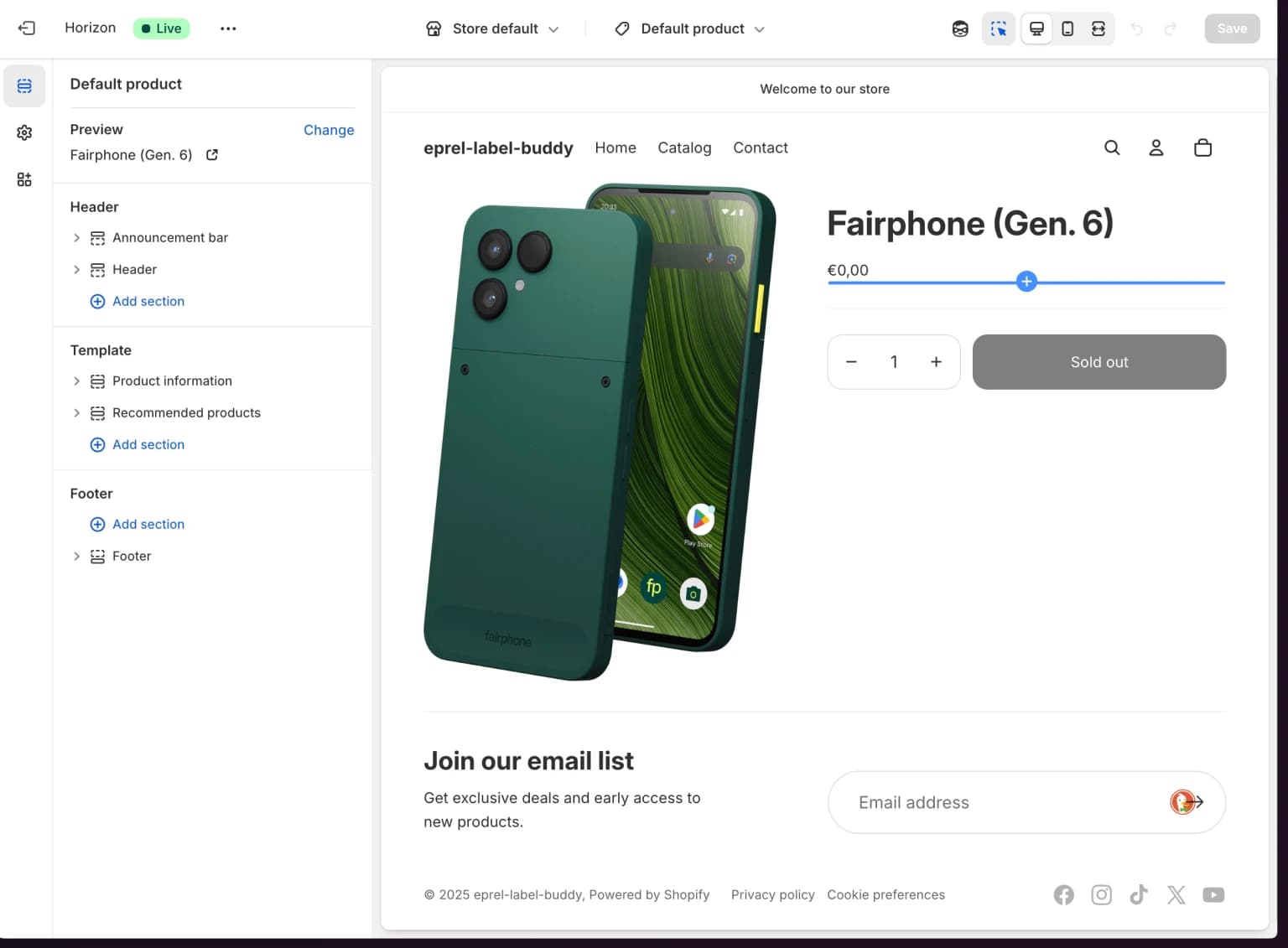 Hovering near the product price area in the theme editor