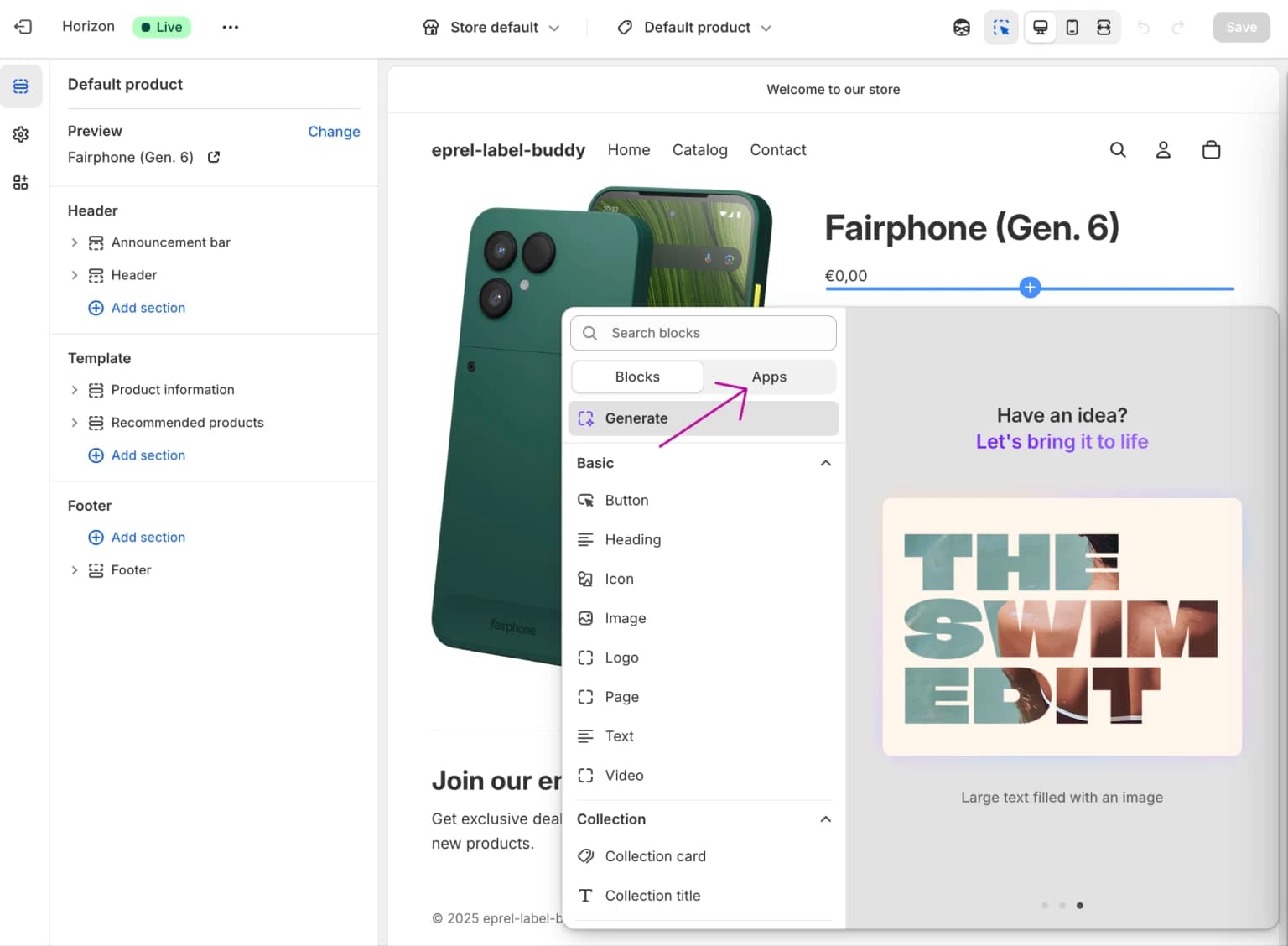 Selecting Apps from the add block menu