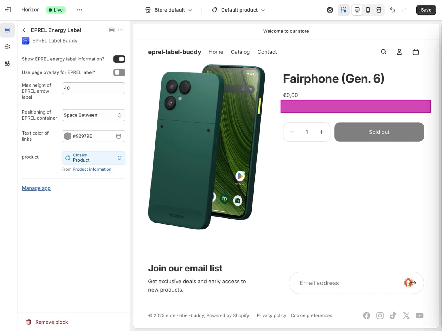 EPREL energy arrow displayed on the product page