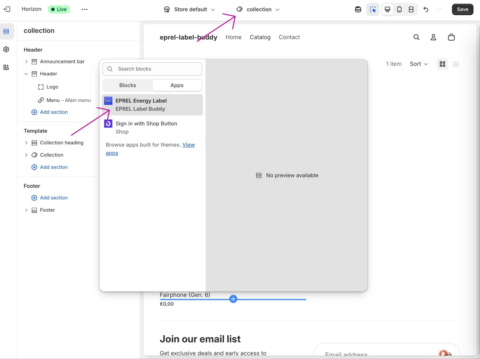 App block added to a collection page