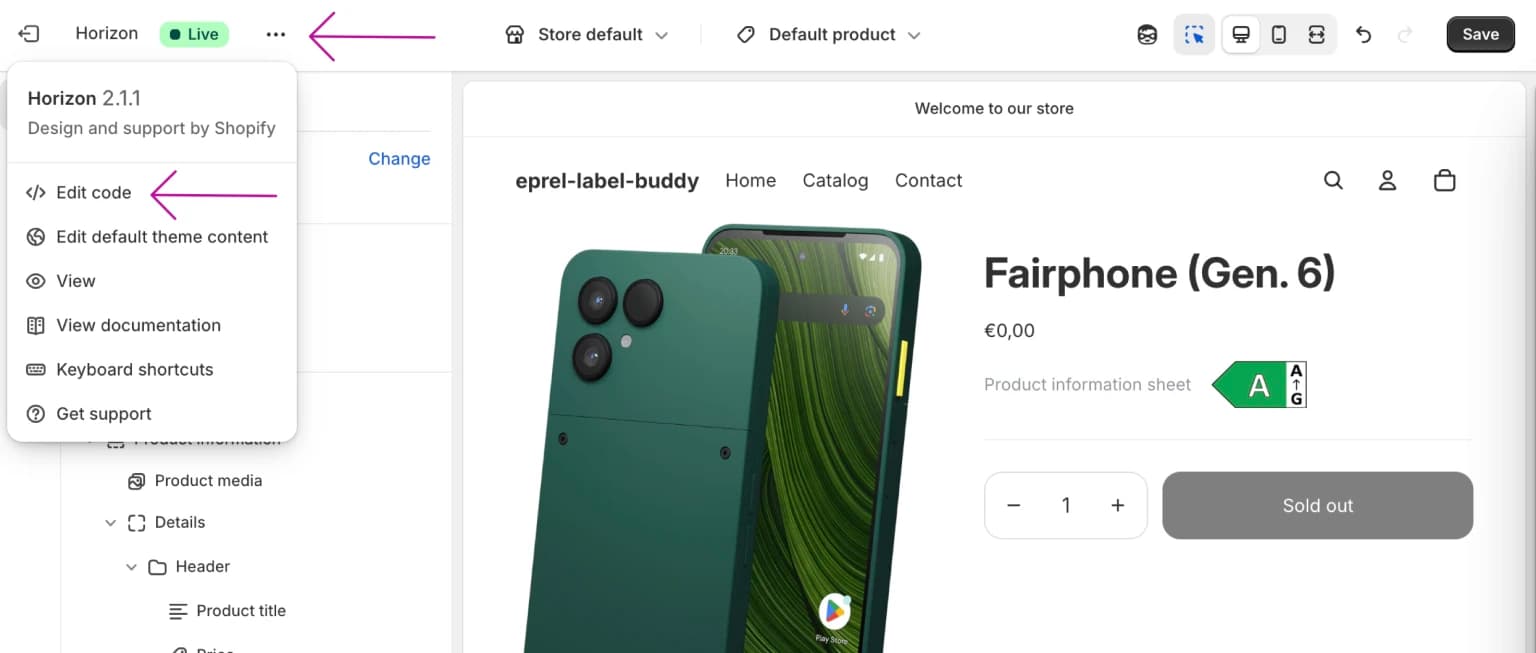 Opening the theme code editor
