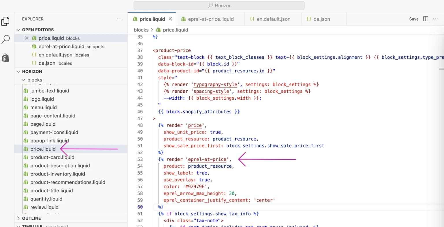 Adding the Liquid snippet to the theme