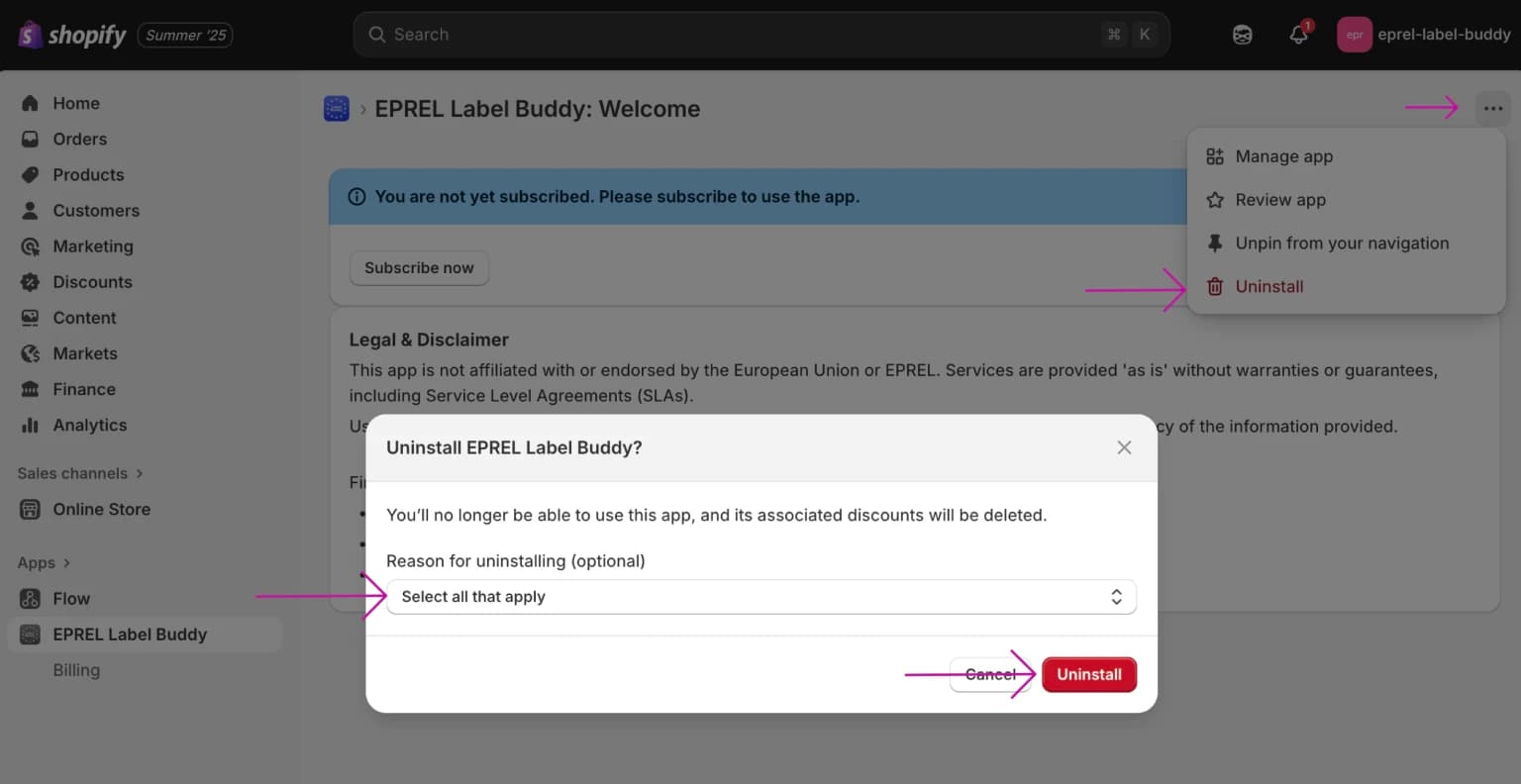Uninstalling the app via Shopify context menu